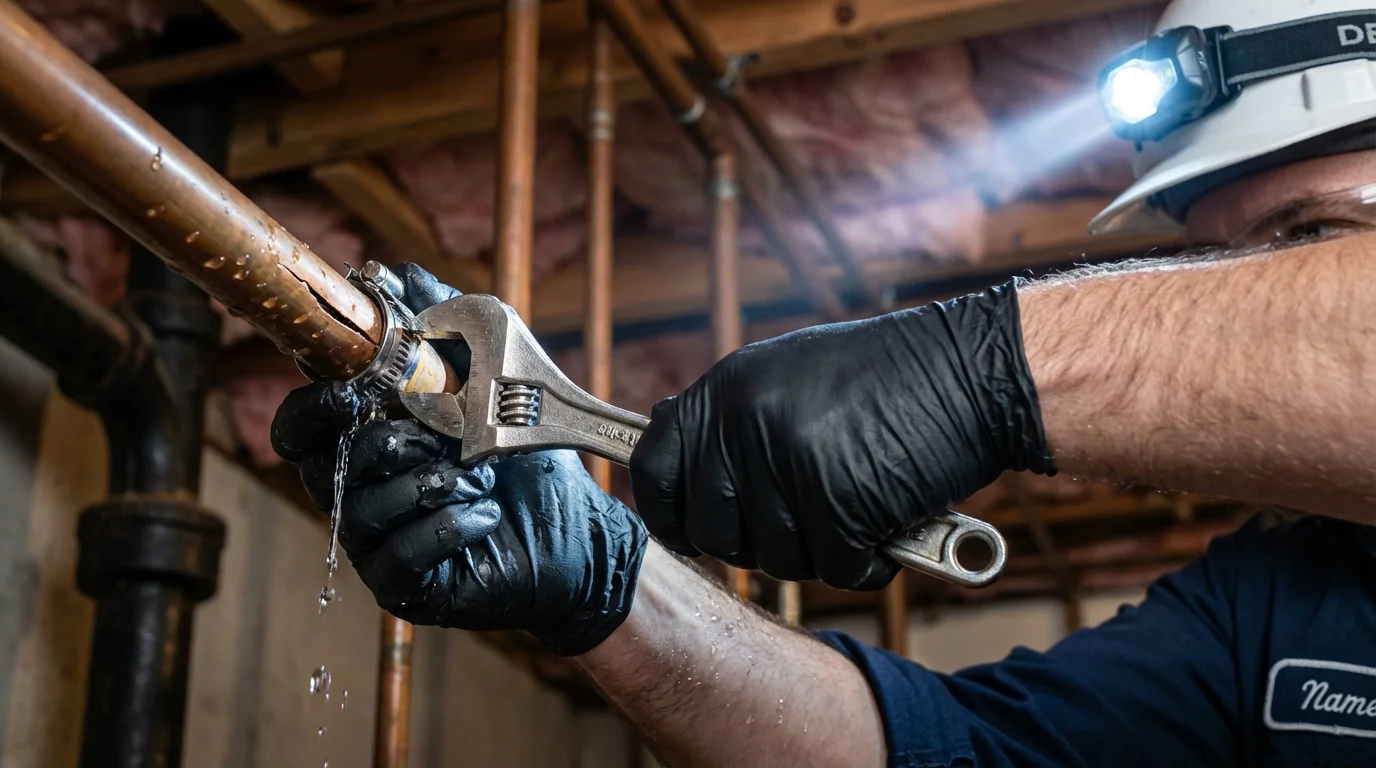 Emergency pipe clamp repair being performed by a Johns Plumbing LLC plumber in Culver