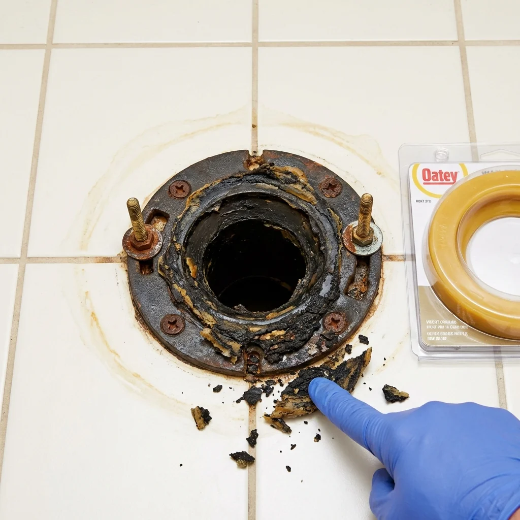 Failed wax ring showing water seepage at the base of a toilet in a Culver, IN home