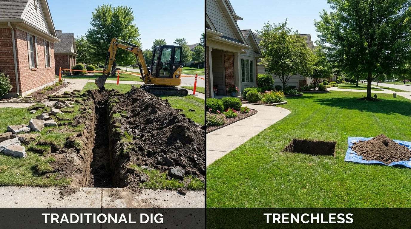 Trenchless sewer repair with minimal yard damage versus traditional excavation in Culver, IN