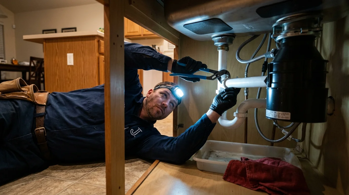 P-trap and supply line connections under a kitchen sink showing a common leak point in Culver, IN